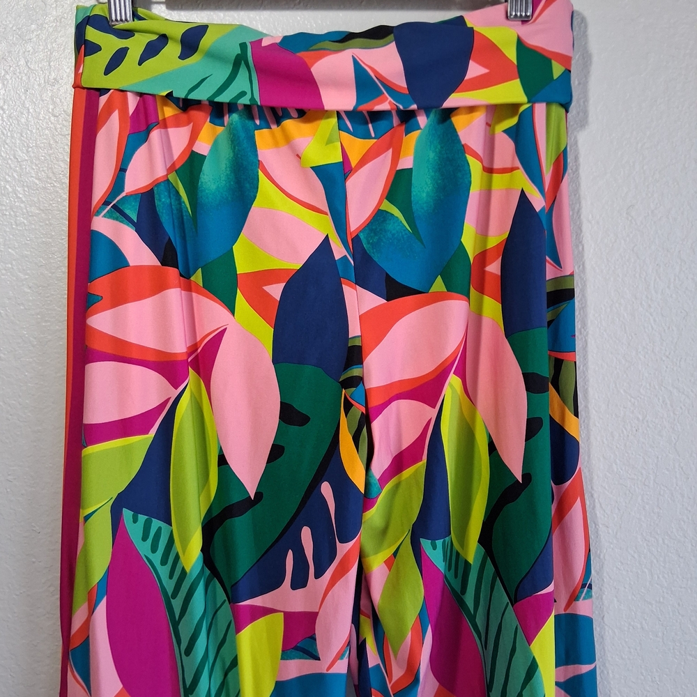 Trina Turk Jewel Tone Tropical Wide Leg Pants Sz. L Side Slits Resort Chic - Picture 5 of 12